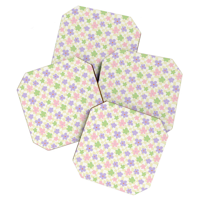 Colorful retro flower checkered pattern Coaster Gallery Image 1