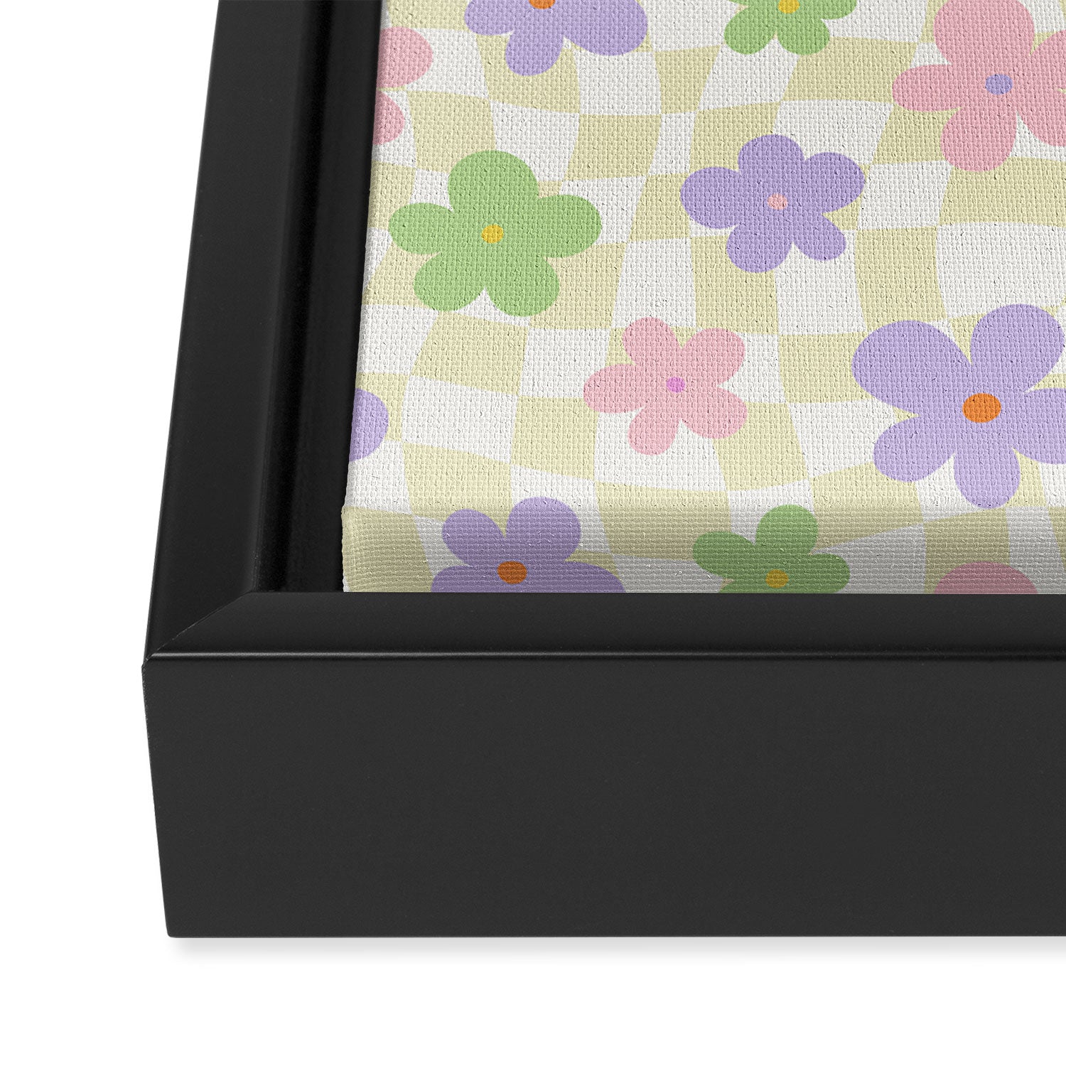 Colorful retro flower checkered pattern Framed Canvas Print Gallery Image 3