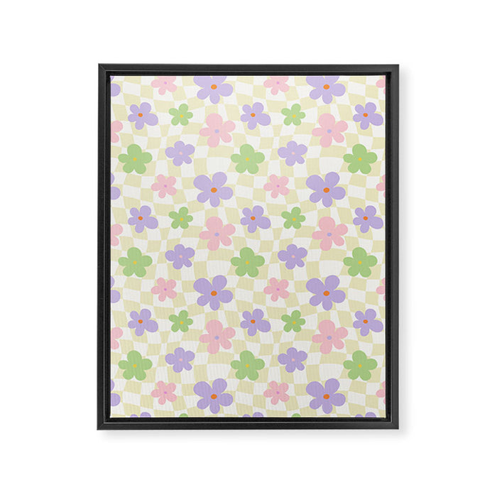Colorful retro flower checkered pattern Framed Canvas Print Gallery Image 1