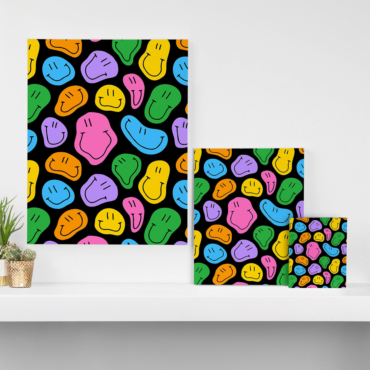 Colorful smiling happy face cartoon pattern Canvas Print Gallery Image 3