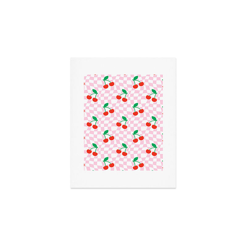 Cute pink cherry fruit checkered pattern Art Print Gallery Image 1