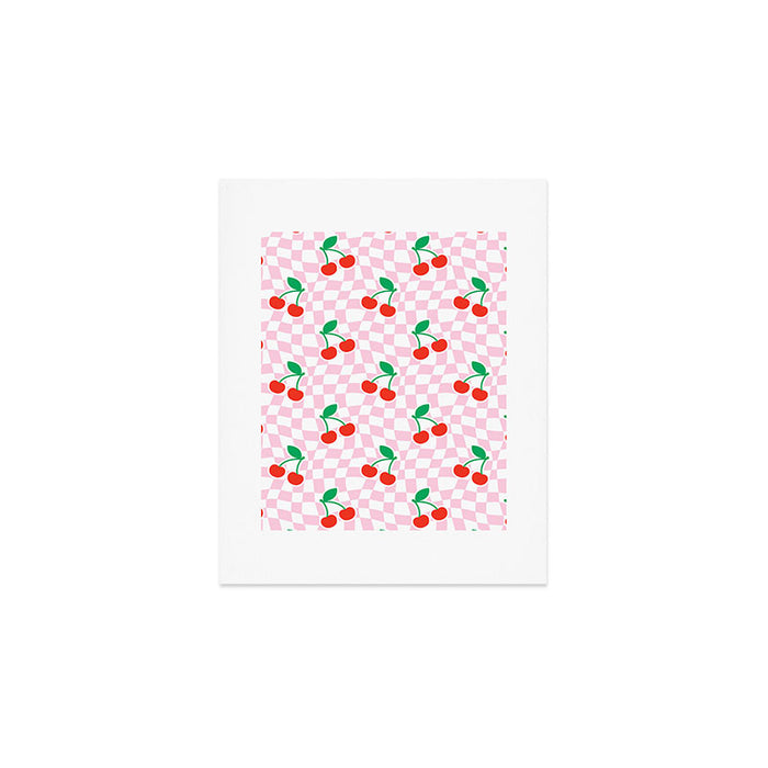 Cute pink cherry fruit checkered pattern Art Print Gallery Image 1