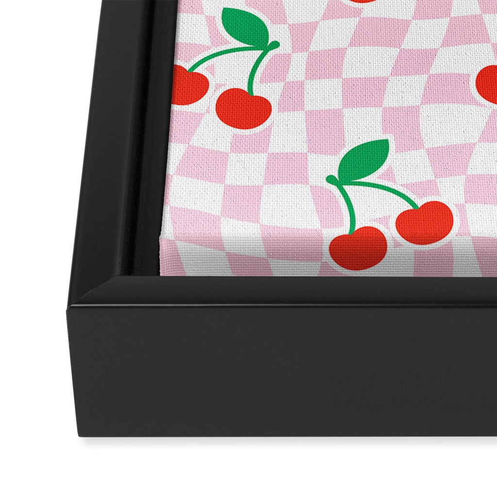 Cute pink cherry fruit checkered pattern Framed Canvas Print Gallery Image 3