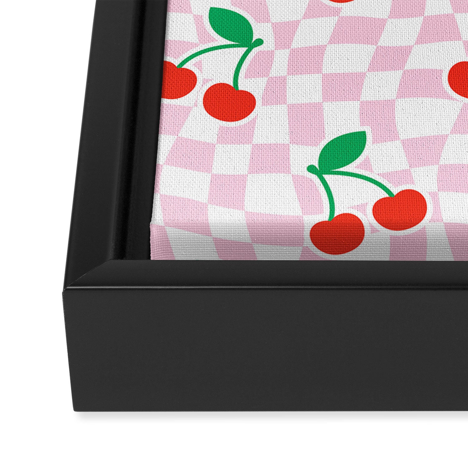 Cute pink cherry fruit checkered pattern Framed Canvas Print Gallery Image 3