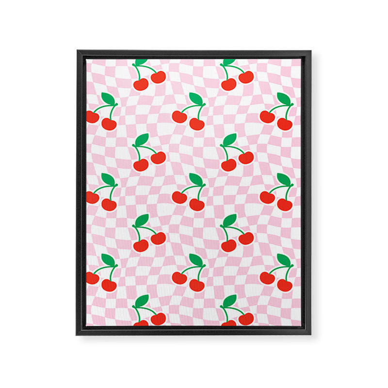 Cute pink cherry fruit checkered pattern Framed Canvas Print Gallery Image 8