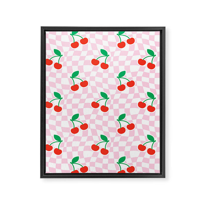Cute pink cherry fruit checkered pattern Framed Canvas Print Gallery Image 1