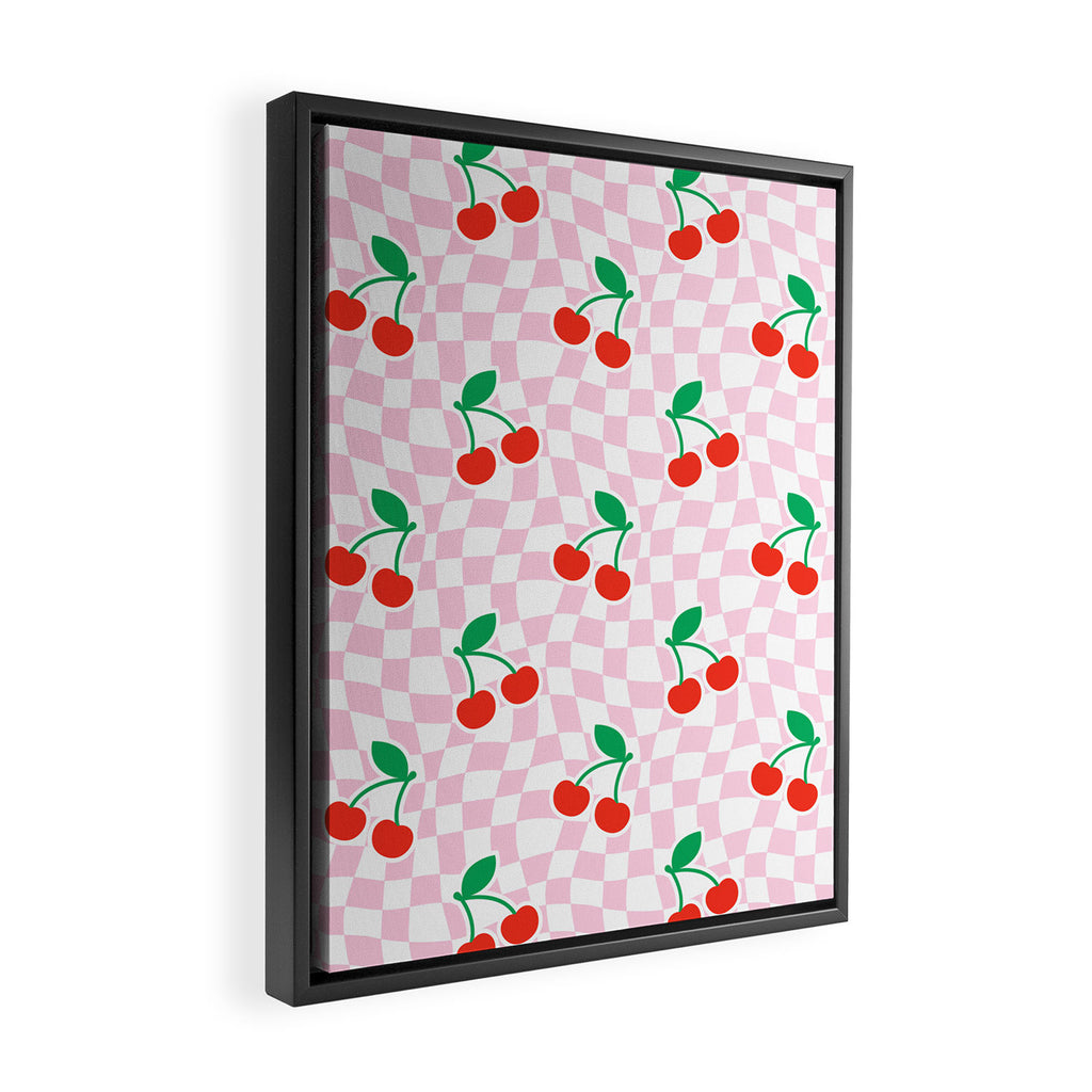 Cute pink cherry fruit checkered pattern Framed Canvas Print Gallery Image 2