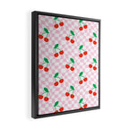 Cute pink cherry fruit checkered pattern Framed Canvas Print Gallery Image 2