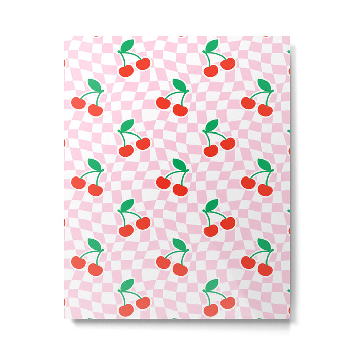 Cute pink cherry fruit checkered pattern Metal Print Gallery Image 1