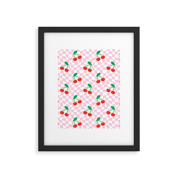 Cute pink cherry fruit checkered pattern Framed Art Print Gallery Image 1