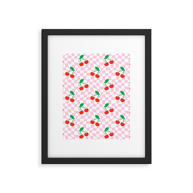 Cute pink cherry fruit checkered pattern Framed Art Print Gallery Image 6
