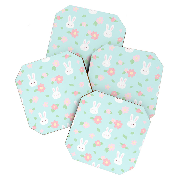 Cute rabbit bunny animal with spring flowers Coaster Gallery Image 1
