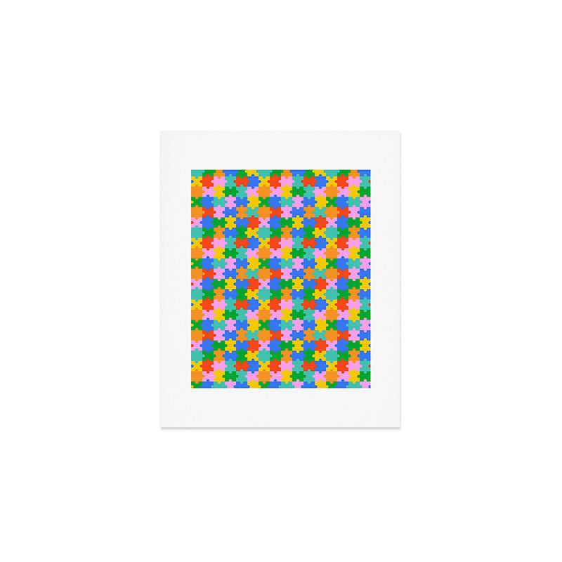 Fun colorful puzzle piece shape pattern Art Print Gallery Image 1