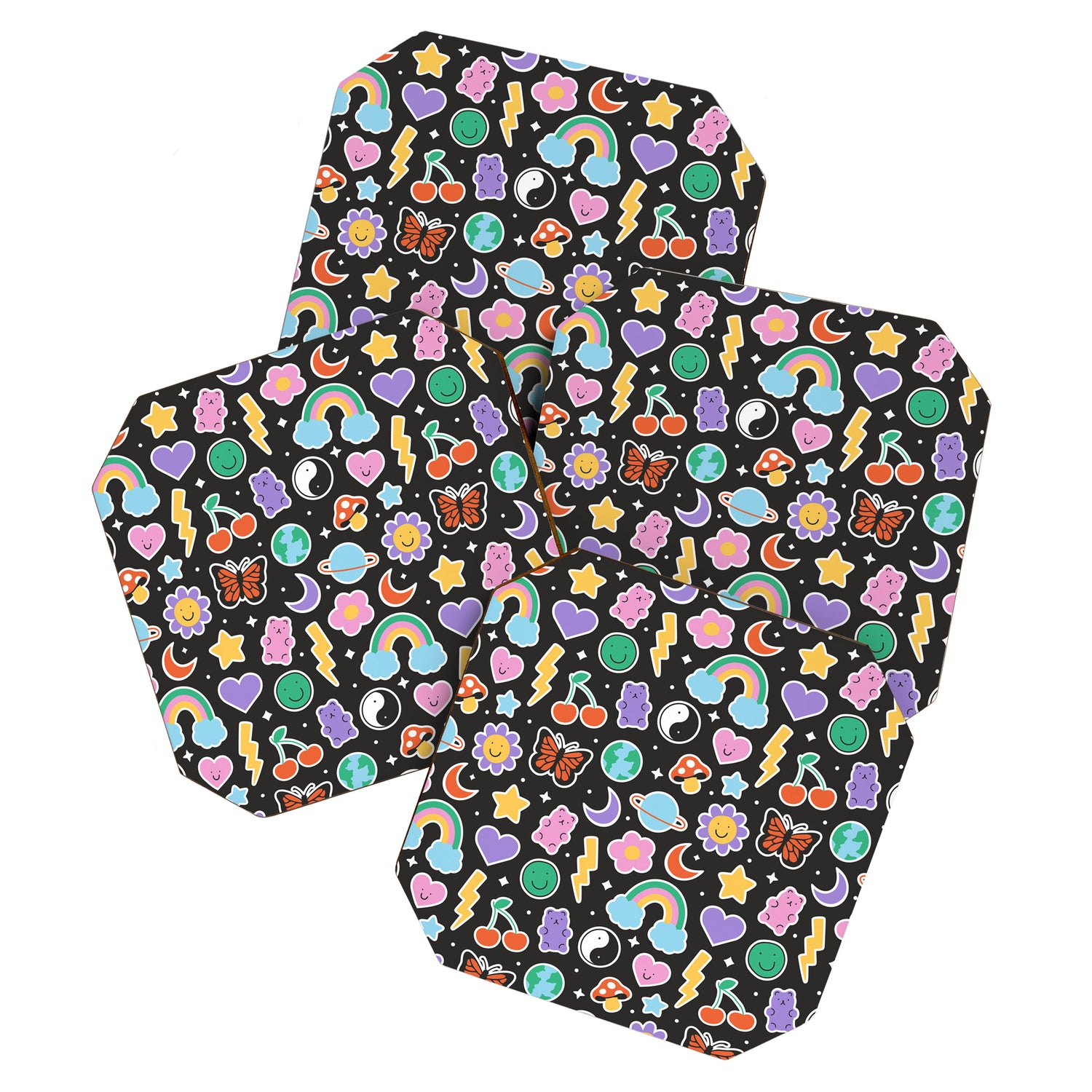 Fun retro cartoon doodle sticker pattern Coaster Gallery Image 1