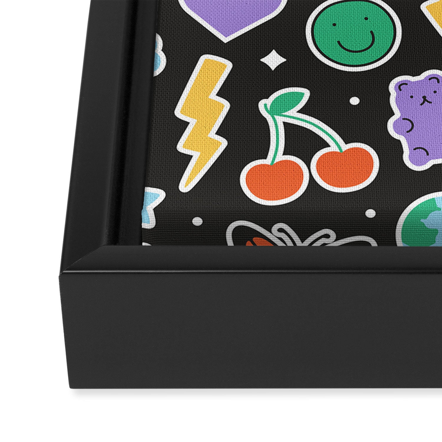 Fun retro cartoon doodle sticker pattern Framed Canvas Print Gallery Image 3