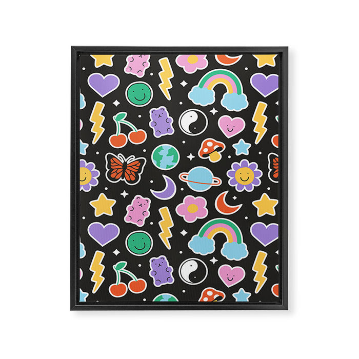 Fun retro cartoon doodle sticker pattern Framed Canvas Print Gallery Image 1