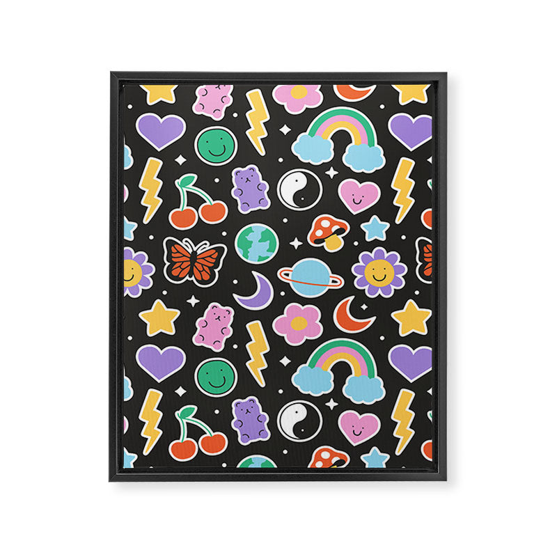 Fun retro cartoon doodle sticker pattern Framed Canvas Print Gallery Image 8