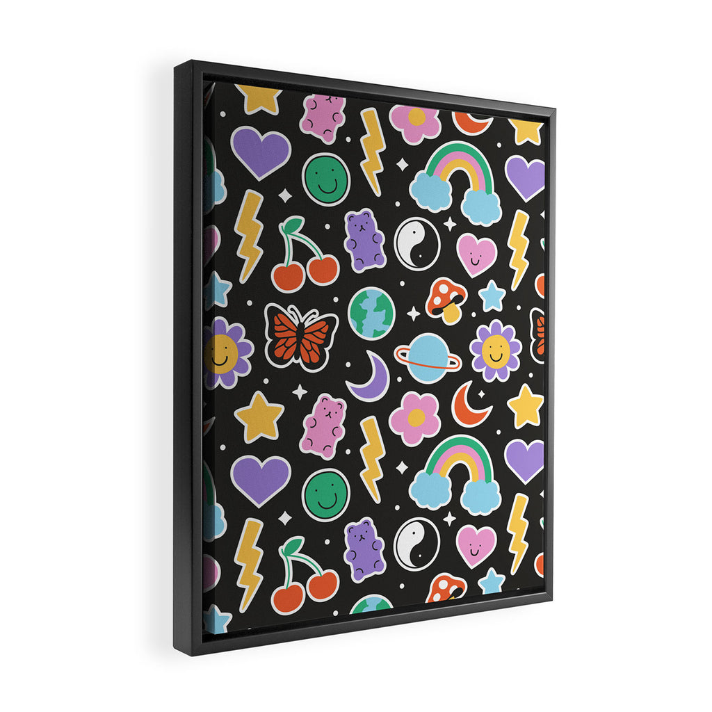 Fun retro cartoon doodle sticker pattern Framed Canvas Print Gallery Image 2
