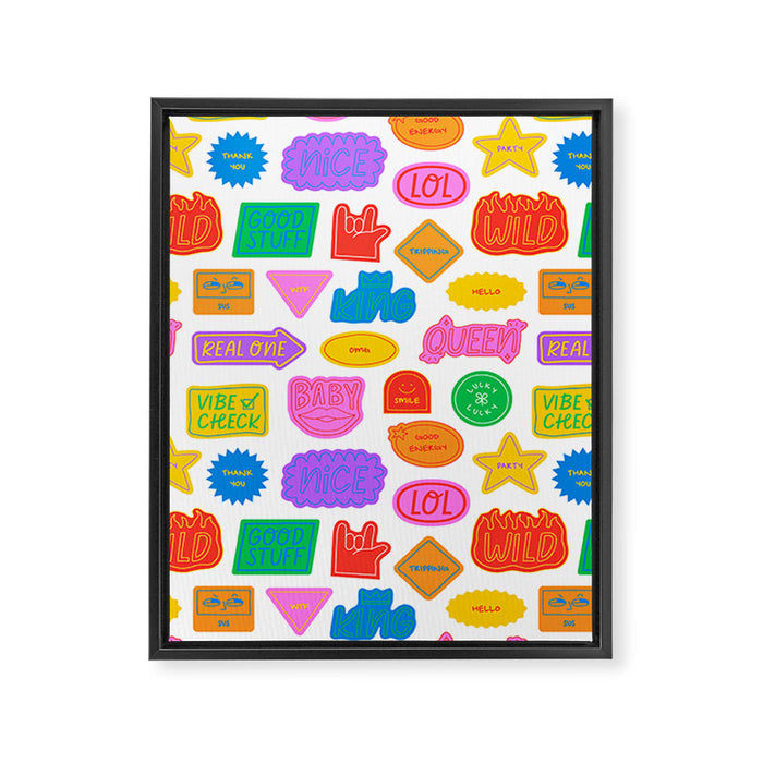 Fun retro sticker quote cartoon pattern Framed Canvas Print Gallery Image 1