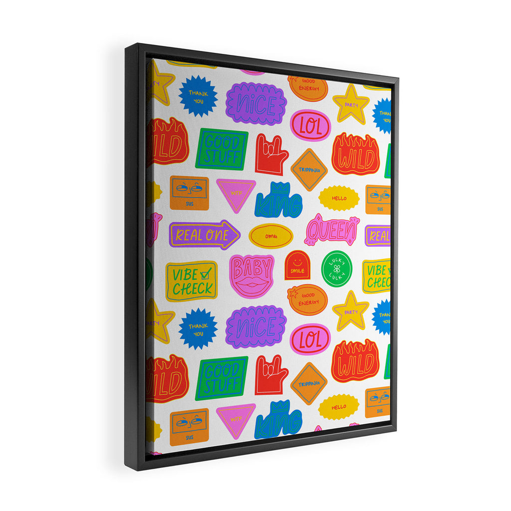 Fun retro sticker quote cartoon pattern Framed Canvas Print Gallery Image 2