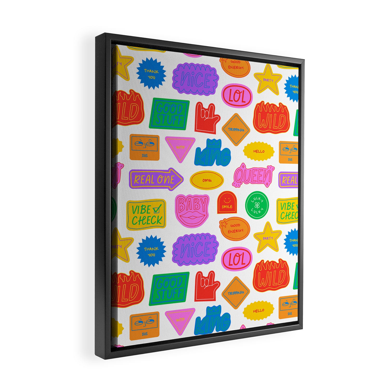 Fun retro sticker quote cartoon pattern Framed Canvas Print Gallery Image 2