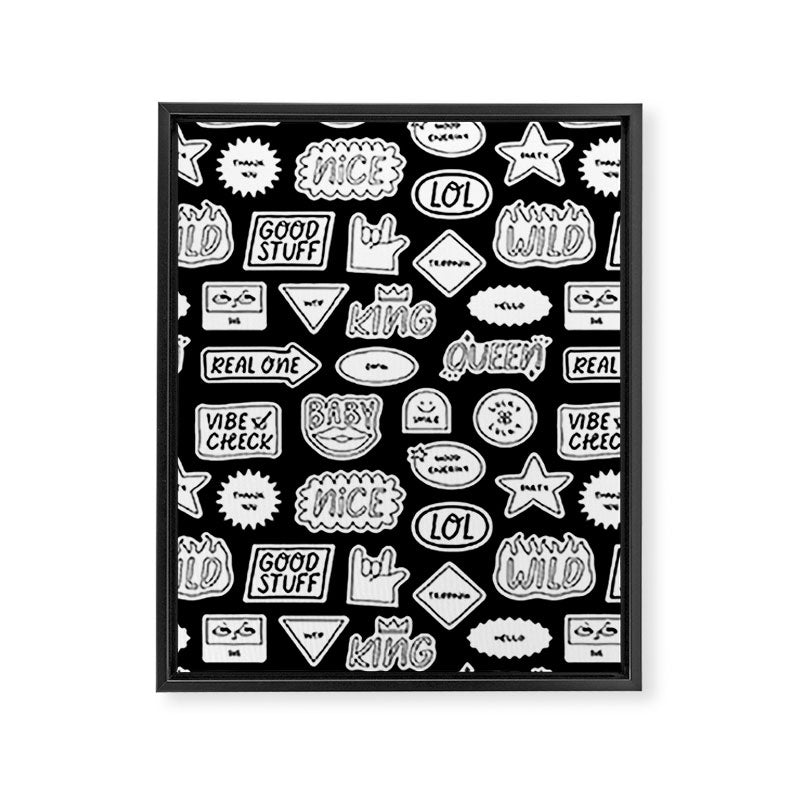 Funny black and white cartoon sticker quote pattern Framed Canvas Print Gallery Image 8