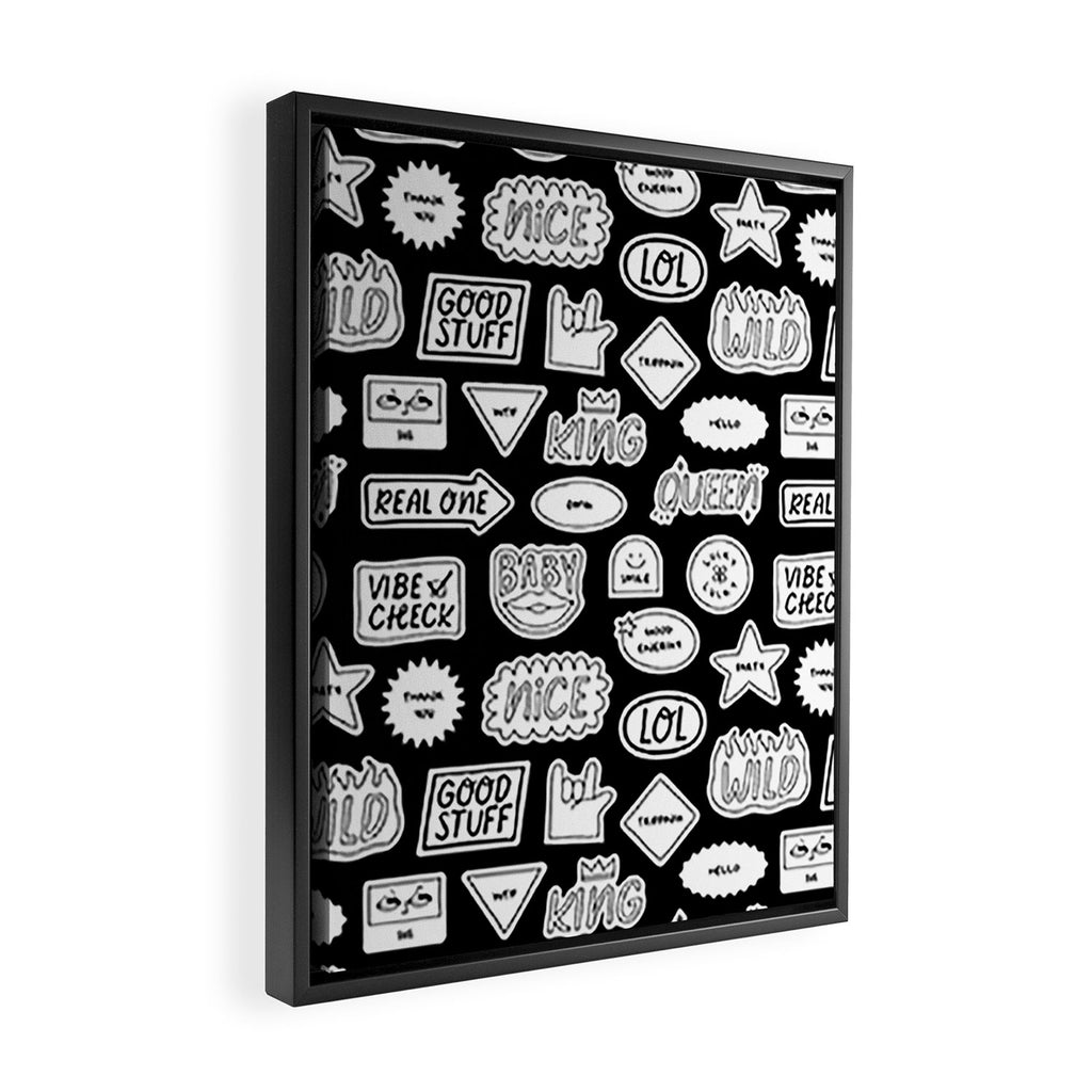 Funny black and white cartoon sticker quote pattern Framed Canvas Print Gallery Image 2
