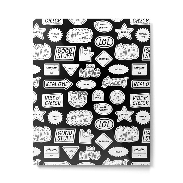 Funny black and white cartoon sticker quote pattern Metal Print Gallery Image 1