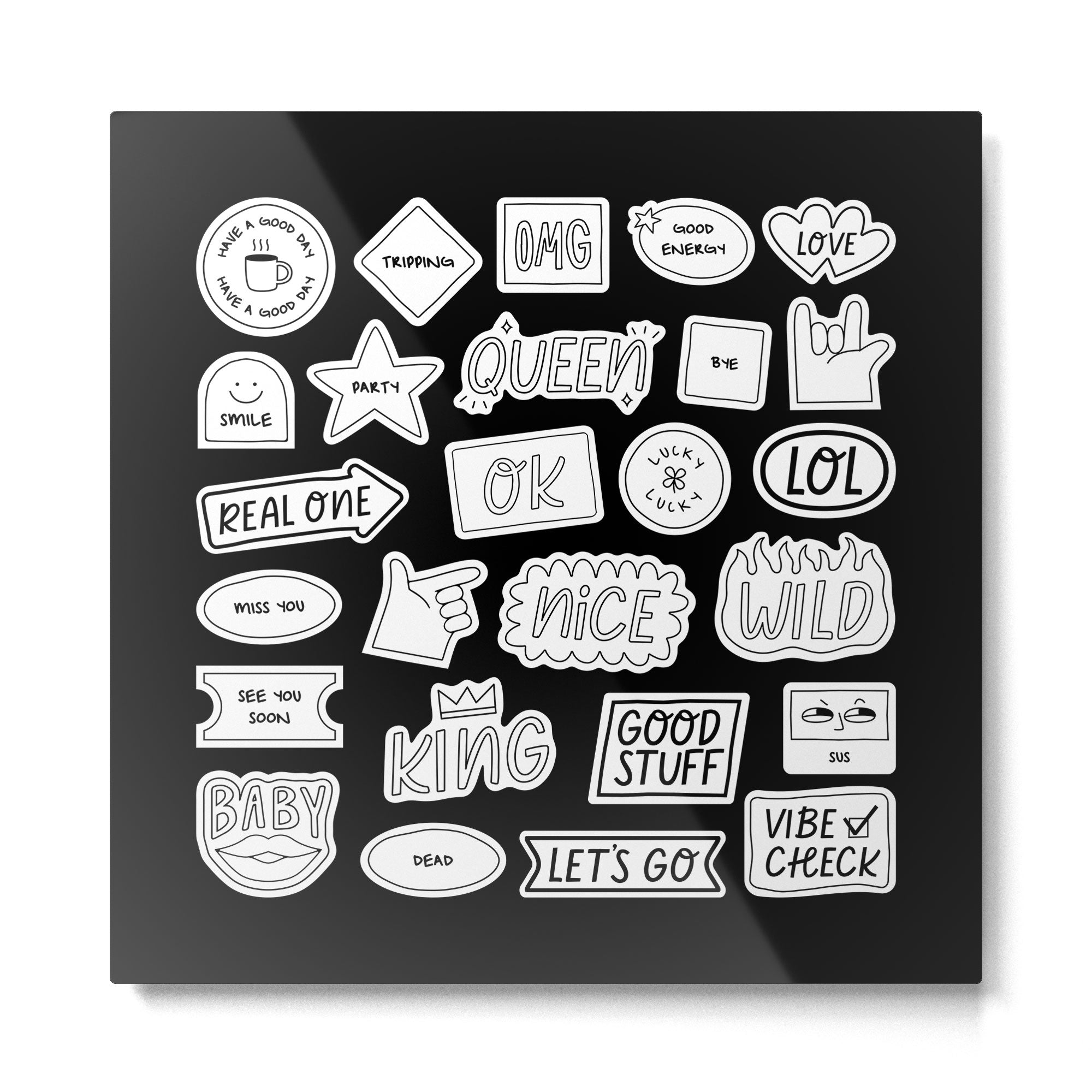 Funny black and white cartoon sticker quotes Metal Print Gallery Image 2