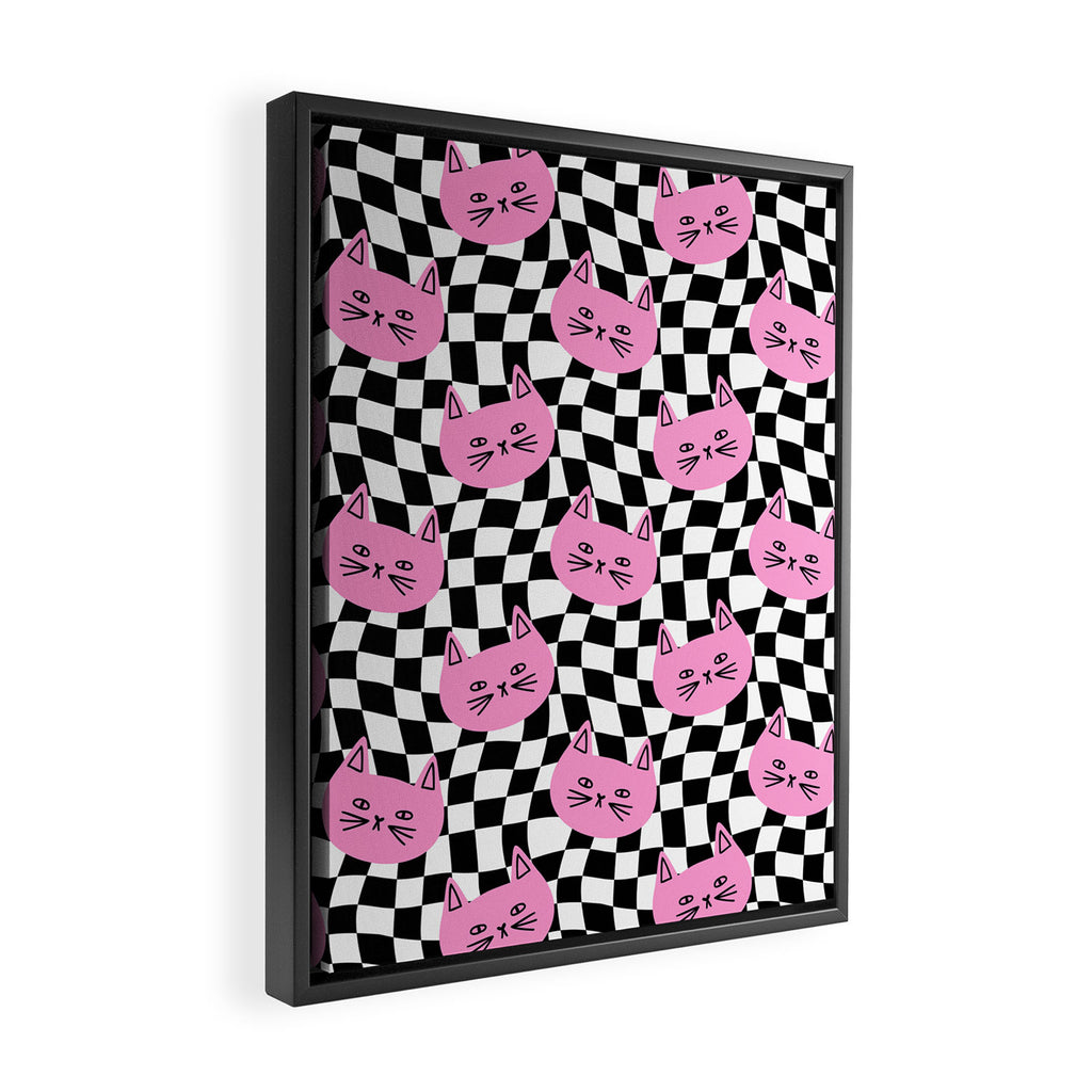 Funny cat cartoon checkered pattern Framed Canvas Print Gallery Image 2