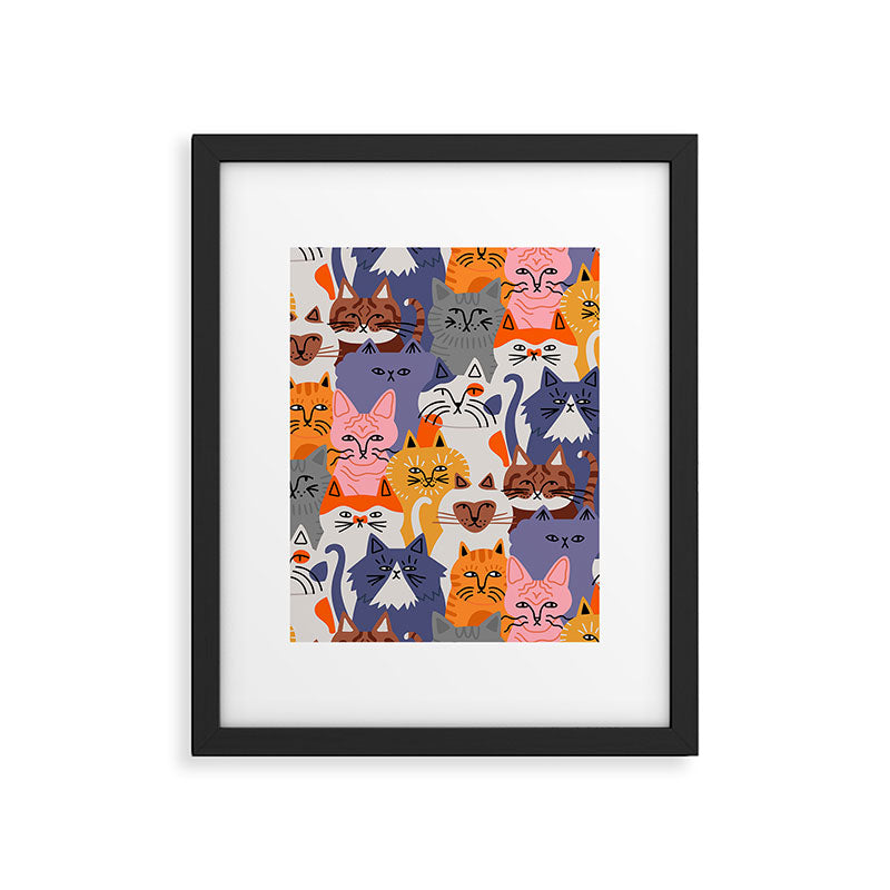 Funny diverse cat crowd character cartoon background Framed Art Print Gallery Image 6