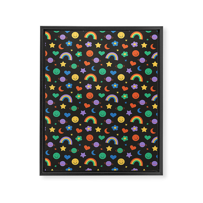 Funny retro cartoon doodle sticker pattern Framed Canvas Print Gallery Image 1