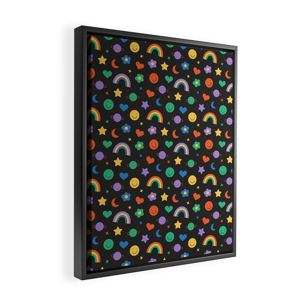 Funny retro cartoon doodle sticker pattern Framed Canvas Print Gallery Image 2