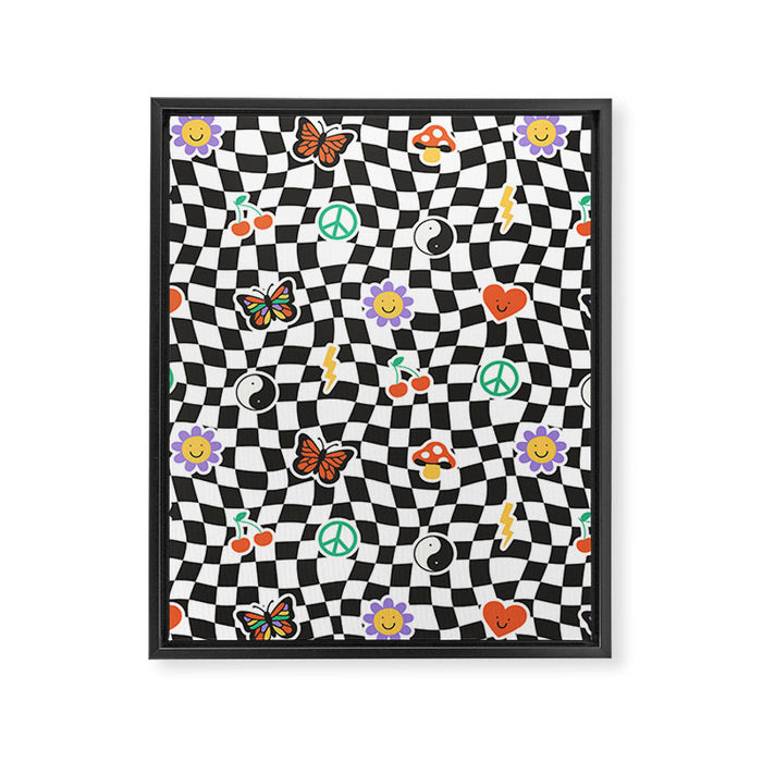 Funny retro cartoon sticker checkered pattern Framed Canvas Print Gallery Image 1