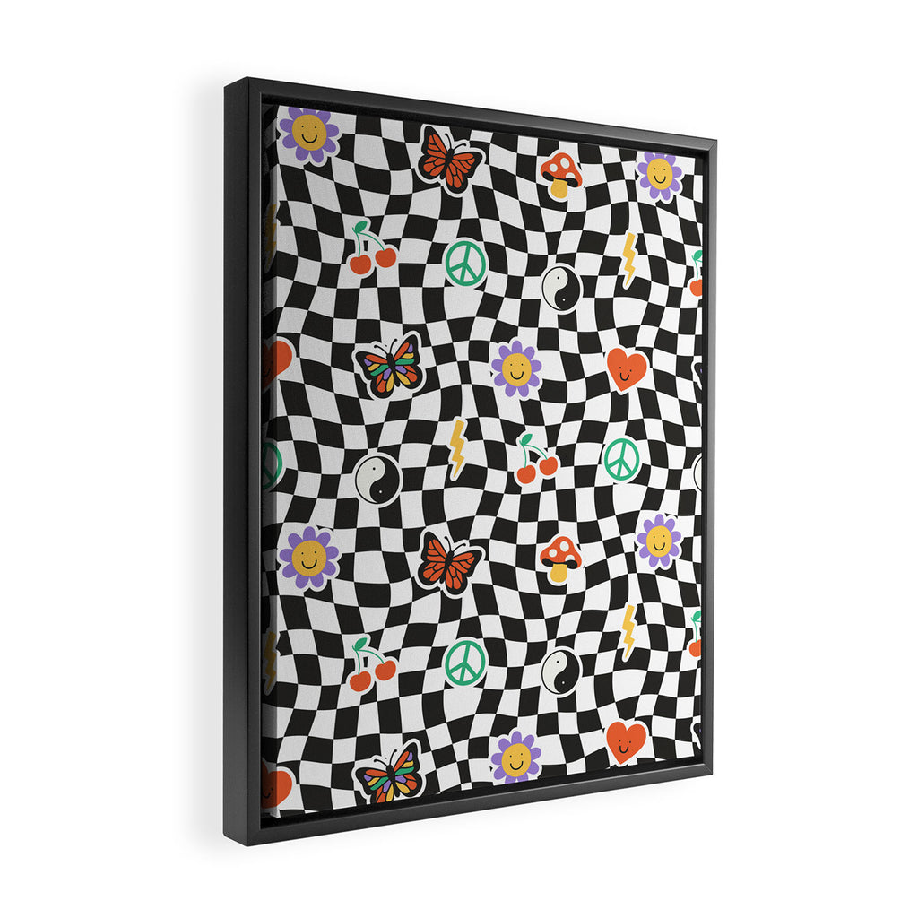 Funny retro cartoon sticker checkered pattern Framed Canvas Print Gallery Image 2