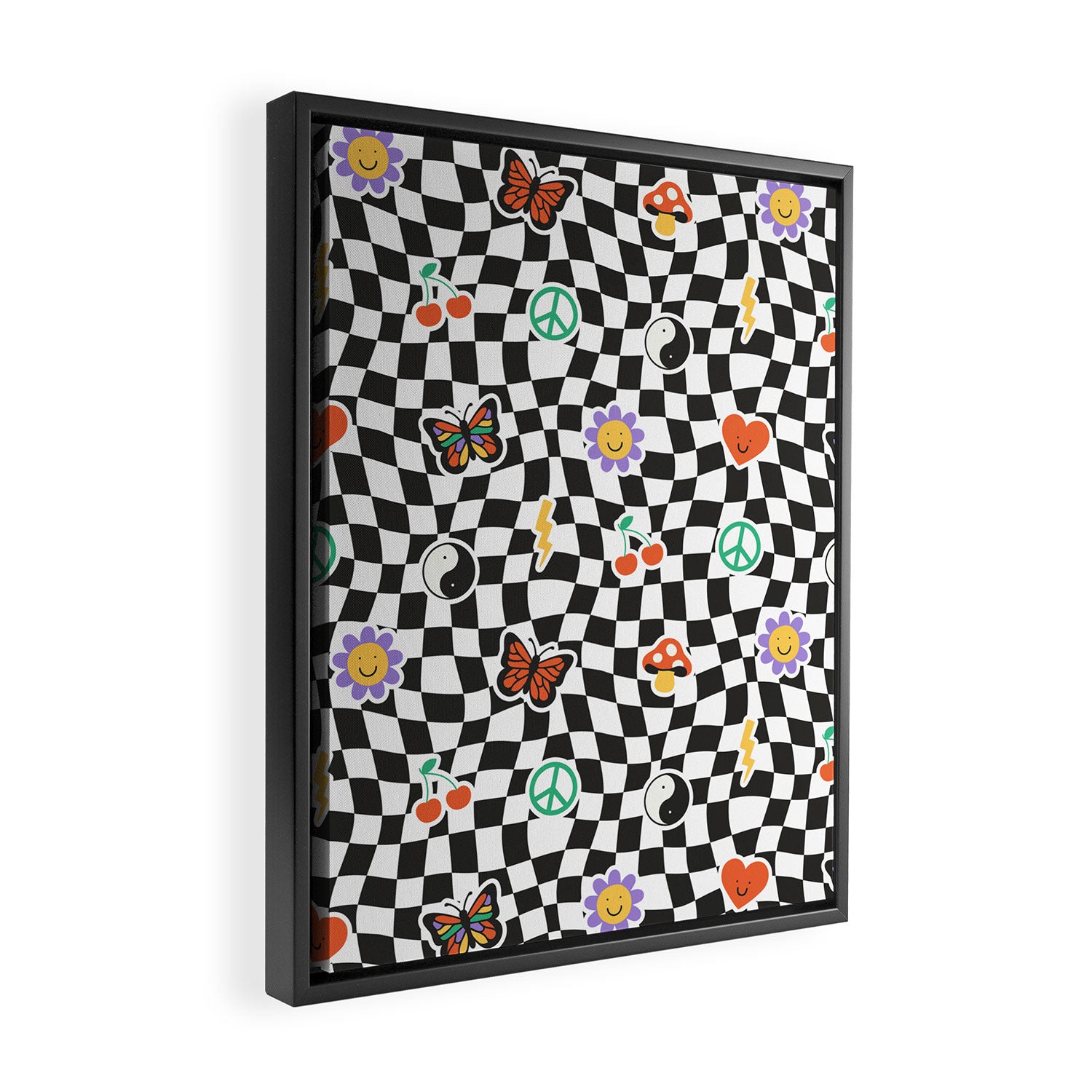 Funny retro cartoon sticker checkered pattern Framed Canvas Print Gallery Image 2