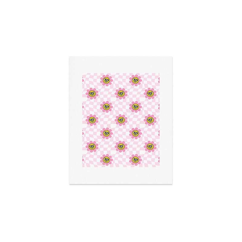 Funny retro flower cartoon checkered pattern Art Print Gallery Image 1