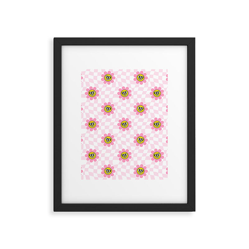 Funny retro flower cartoon checkered pattern Framed Art Print Gallery Image 6