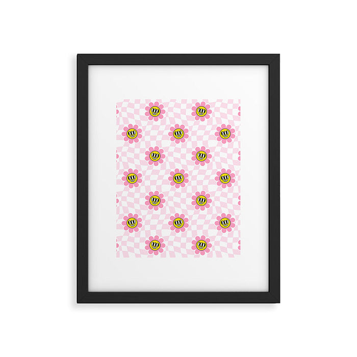 Funny retro flower cartoon checkered pattern Framed Art Print Gallery Image 1