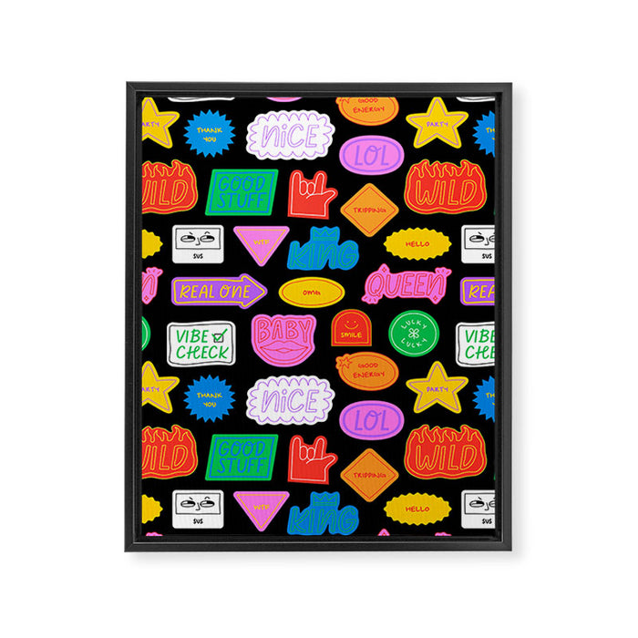 Funny retro sticker quote cartoon pattern Framed Canvas Print Gallery Image 1