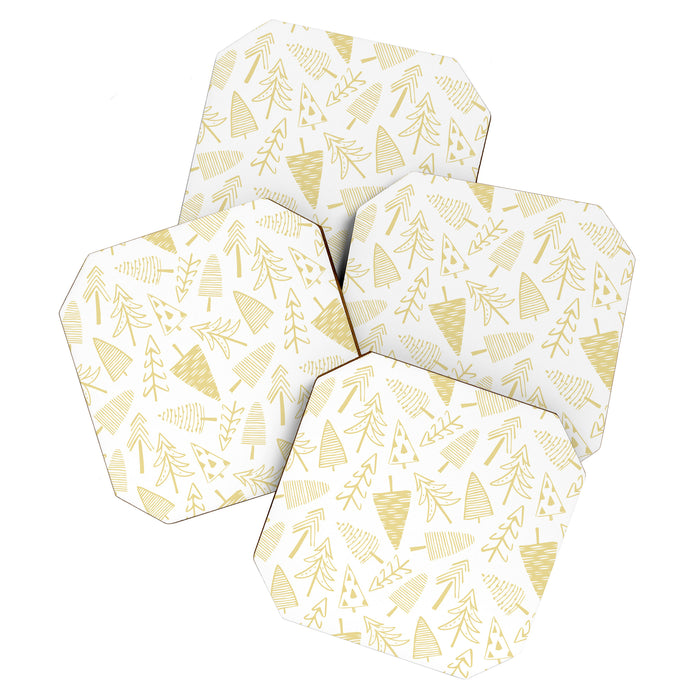 Goldd christmas pine tree doodle pattern Coaster Gallery Image 1