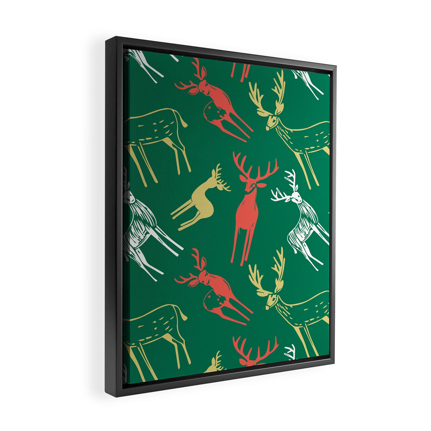 Green christmas reindeer animal pattern Framed Canvas Print Gallery Image 2
