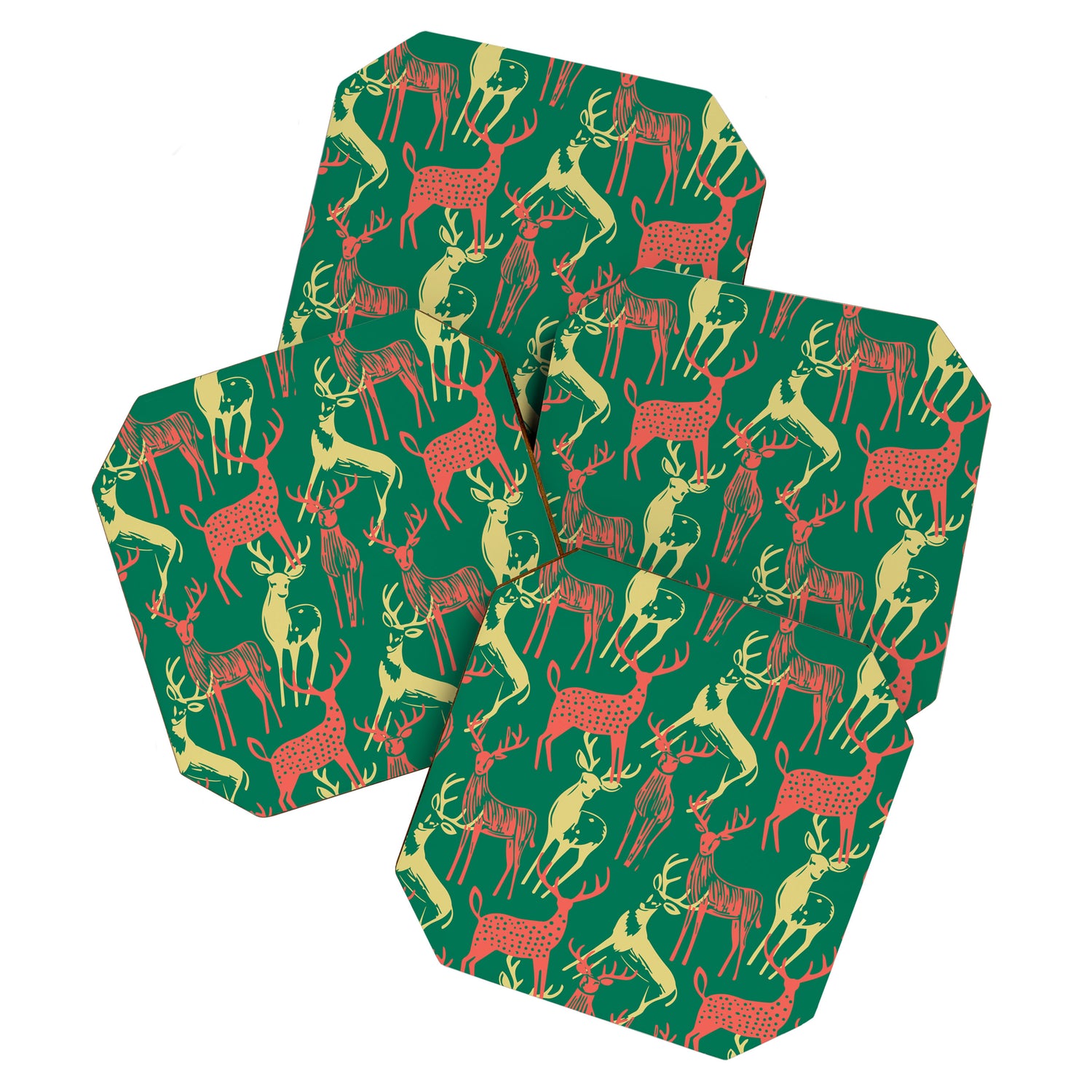 Green christmas reindeer animal pattern Coaster Gallery Image 1