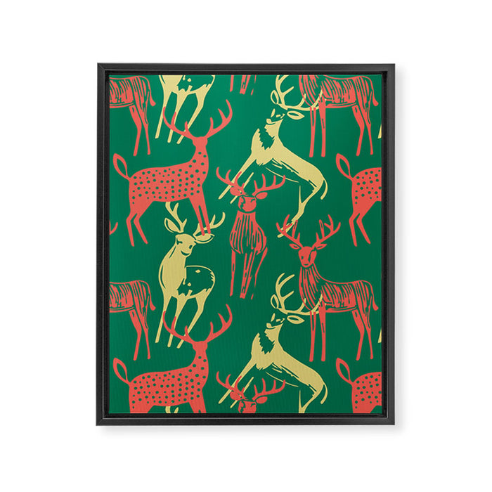 Green christmas reindeer animal pattern Framed Canvas Print Gallery Image 1
