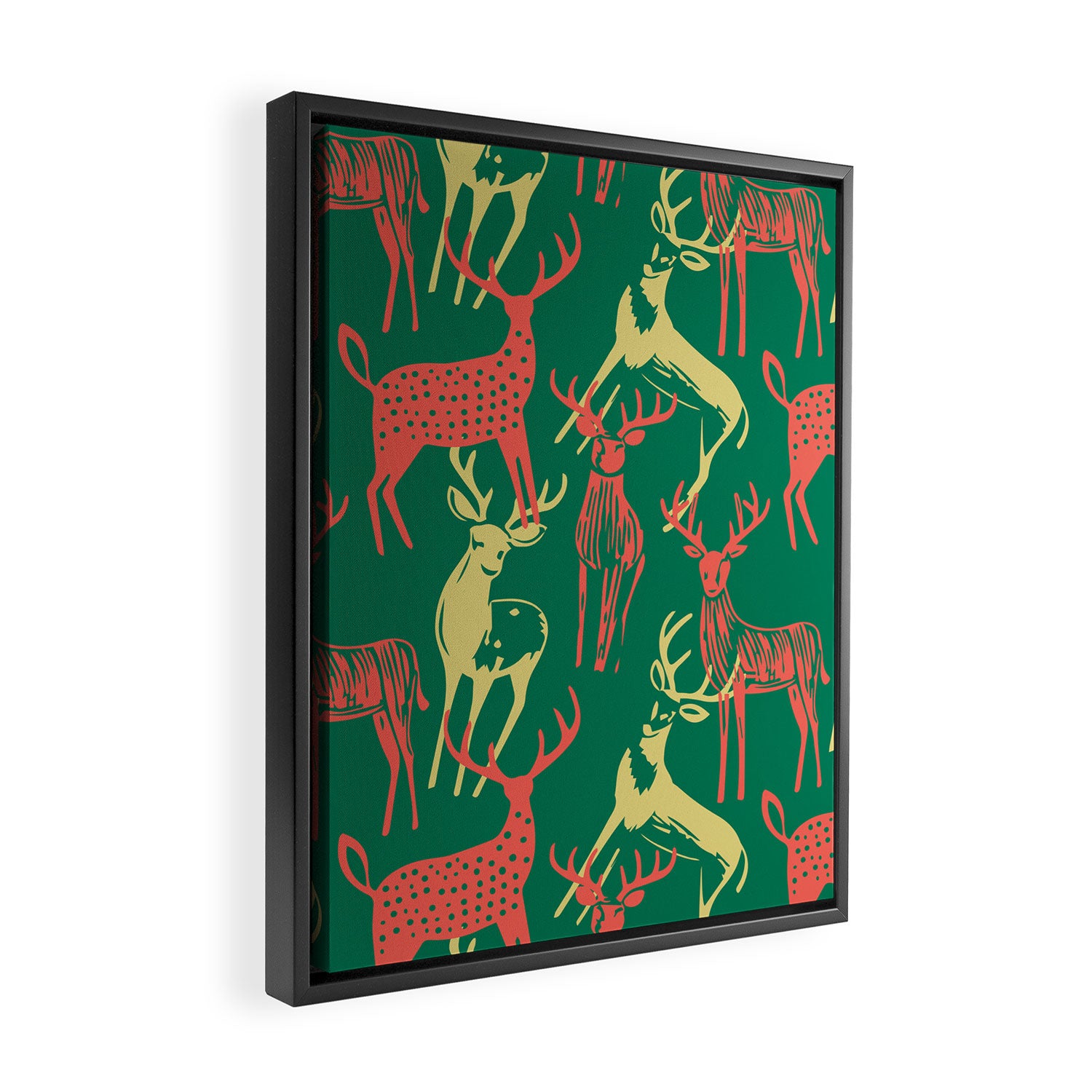 Green christmas reindeer animal pattern Framed Canvas Print Gallery Image 2