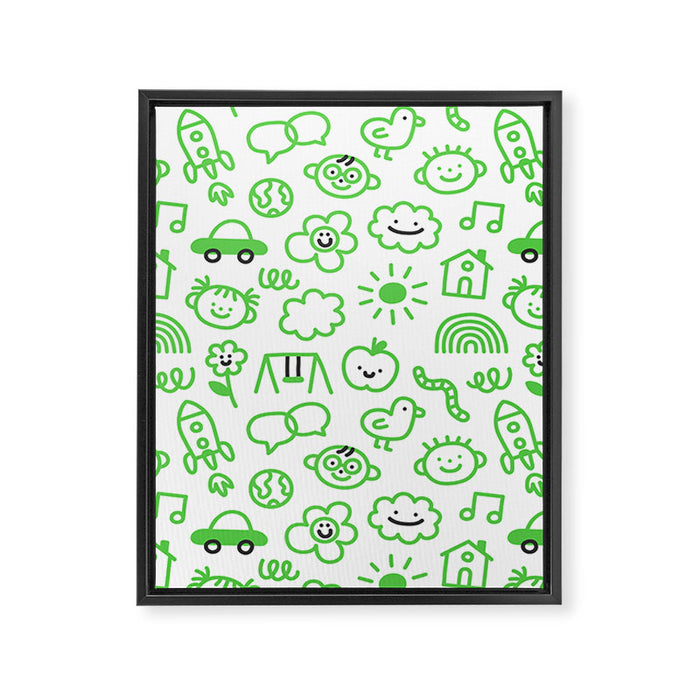 Green eco friendly children doodle pattern Framed Canvas Print Gallery Image 1