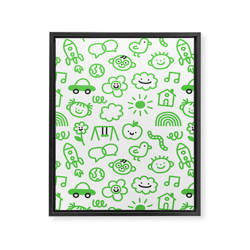 Green eco friendly children doodle pattern Framed Canvas Print Gallery Image 8