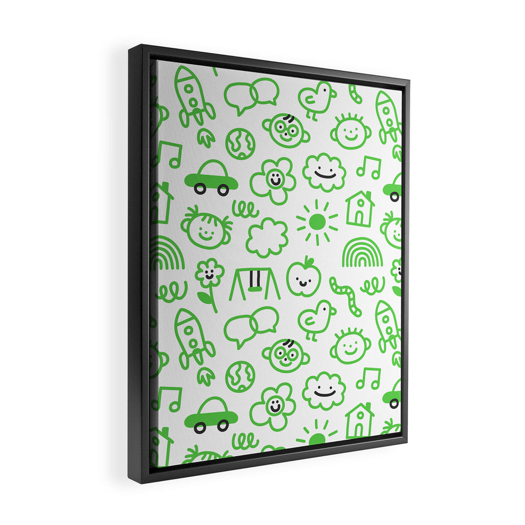 Green eco friendly children doodle pattern Framed Canvas Print Gallery Image 2