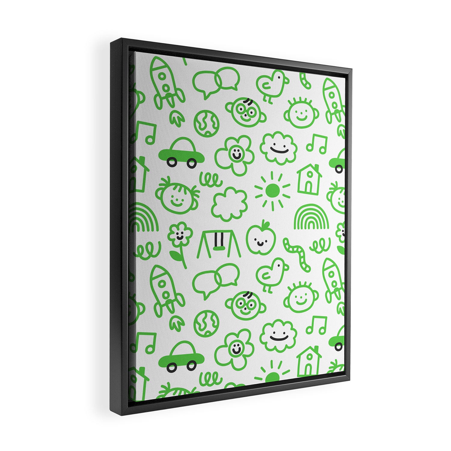 Green eco friendly children doodle pattern Framed Canvas Print Gallery Image 2