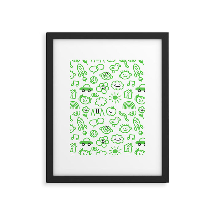 Green eco friendly children doodle pattern Framed Art Print Gallery Image 1